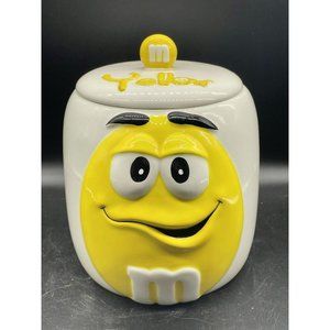 M&M Ceramic Candy Cookie Jar Lid Canister Yellow & White Galerie 2003